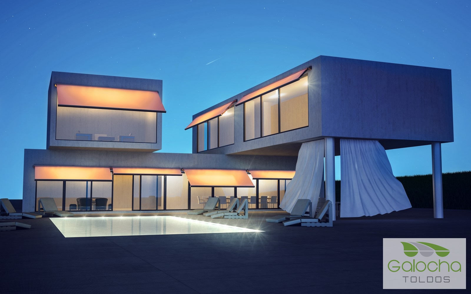 Modern villa with water pool night view; Shutterstock ID 150150734; PO: 0000